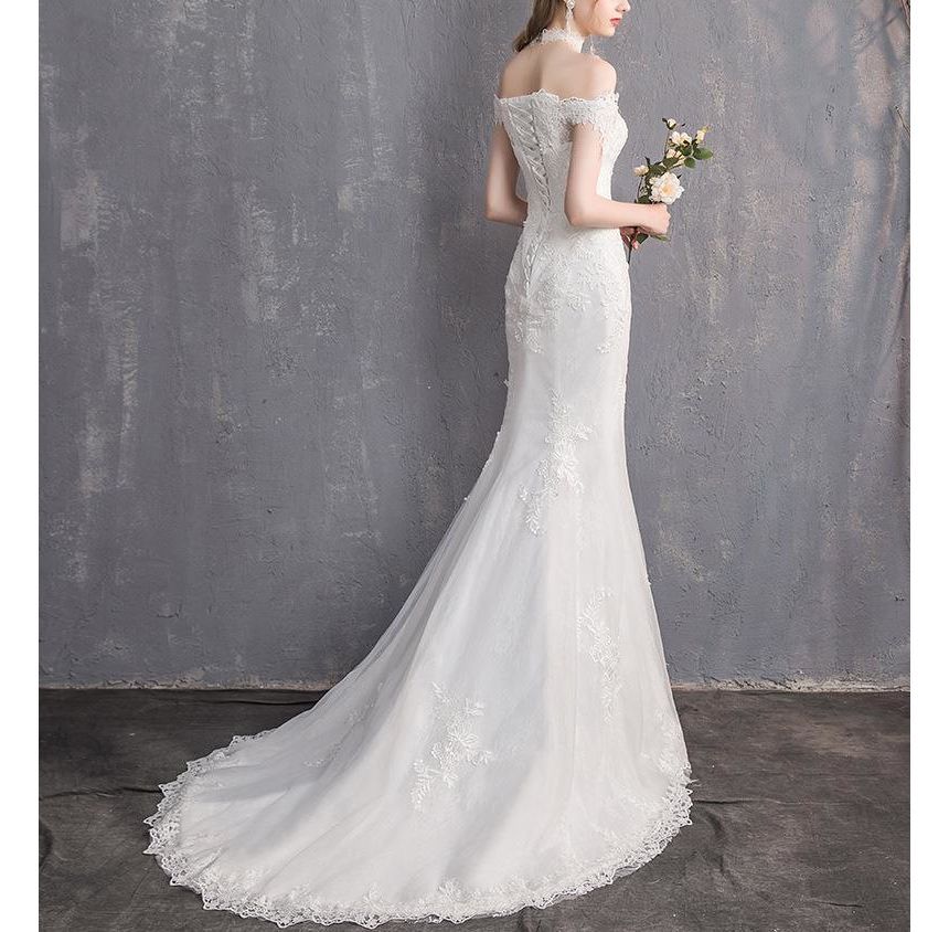 Short-Sleeve Off Shoulder Lace Trained Mermaid Wedding Gown