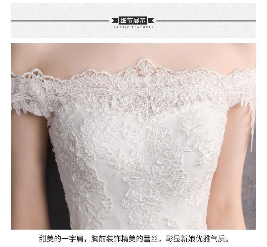 Short-Sleeve Off Shoulder Lace Trained Mermaid Wedding Gown