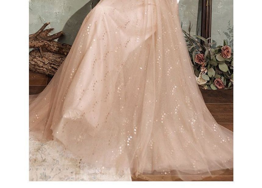 Long-Sleeve V-Neck Sequined Floral Sheer Overlay A-Line Evening Gown