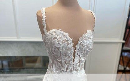 Spaghetti Strap Sweetheart Neckline Lace Trained A-Line Wedding Gown