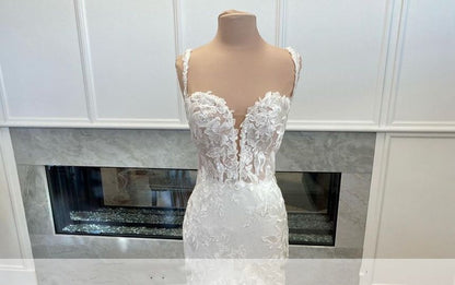 Spaghetti Strap Sweetheart Neckline Lace Trained A-Line Wedding Gown
