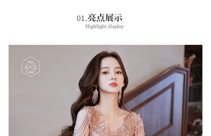 Short-Sleeve Plunge Neck Shawled Sequined Floral Sheer Overlay A-Line Evening Gown