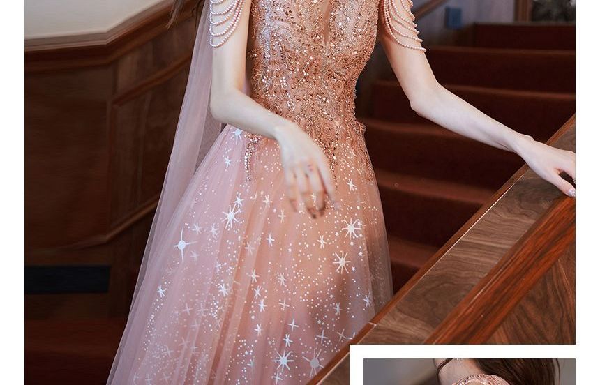 Short-Sleeve Plunge Neck Shawled Sequined Floral Sheer Overlay A-Line Evening Gown