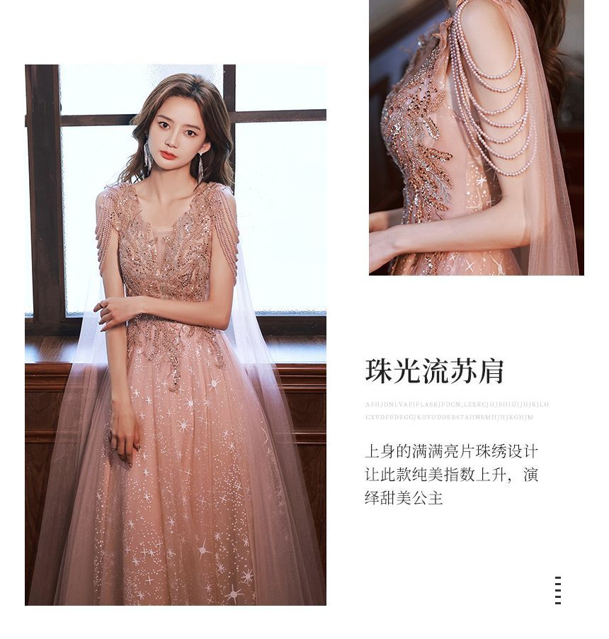 Short-Sleeve Plunge Neck Shawled Sequined Floral Sheer Overlay A-Line Evening Gown