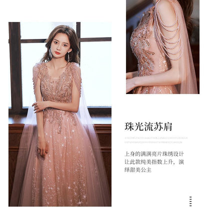 Short-Sleeve Plunge Neck Shawled Sequined Floral Sheer Overlay A-Line Evening Gown