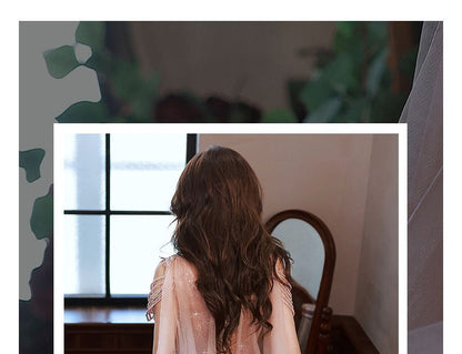 Short-Sleeve Plunge Neck Shawled Sequined Floral Sheer Overlay A-Line Evening Gown