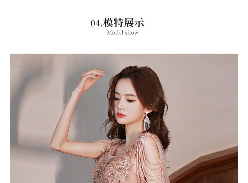 Short-Sleeve Plunge Neck Shawled Sequined Floral Sheer Overlay A-Line Evening Gown