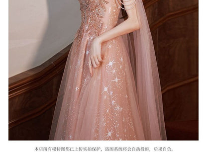 Short-Sleeve Plunge Neck Shawled Sequined Floral Sheer Overlay A-Line Evening Gown