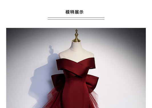 Short-Sleeve Off Shoulder Ribbon Back Plain Satin Mermaid Evening Gown