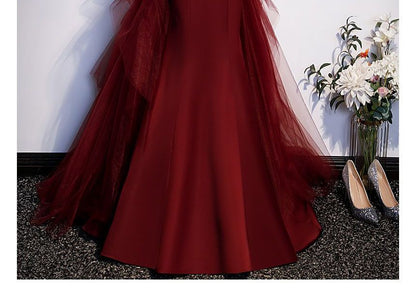 Short-Sleeve Off Shoulder Ribbon Back Plain Satin Mermaid Evening Gown