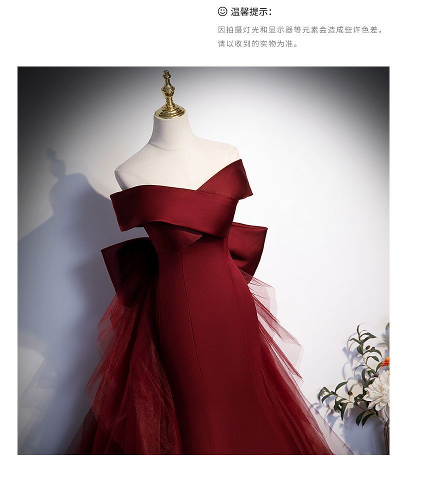 Short-Sleeve Off Shoulder Ribbon Back Plain Satin Mermaid Evening Gown