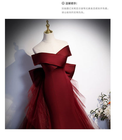 Short-Sleeve Off Shoulder Ribbon Back Plain Satin Mermaid Evening Gown