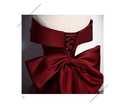 Short-Sleeve Off Shoulder Ribbon Back Plain Satin Mermaid Evening Gown