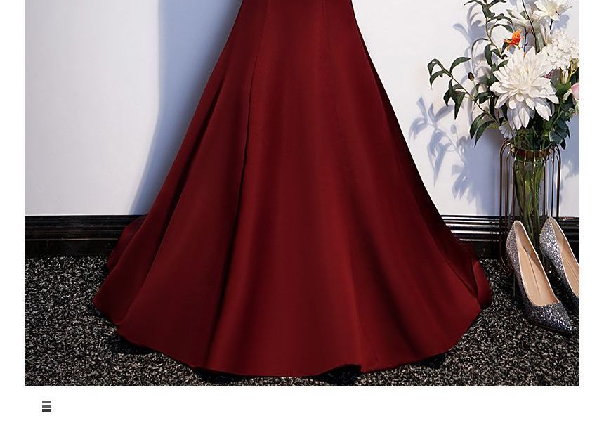Short-Sleeve Off Shoulder Ribbon Back Plain Satin Mermaid Evening Gown