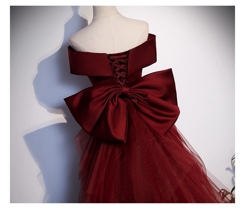 Short-Sleeve Off Shoulder Ribbon Back Plain Satin Mermaid Evening Gown