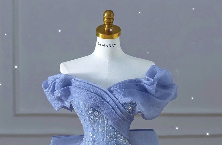 Short-Sleeve Off Shoulder Ribbon Back Sequined Trained Mermaid Evening Gown