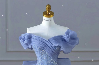 Short-Sleeve Off Shoulder Ribbon Back Sequined Trained Mermaid Evening Gown