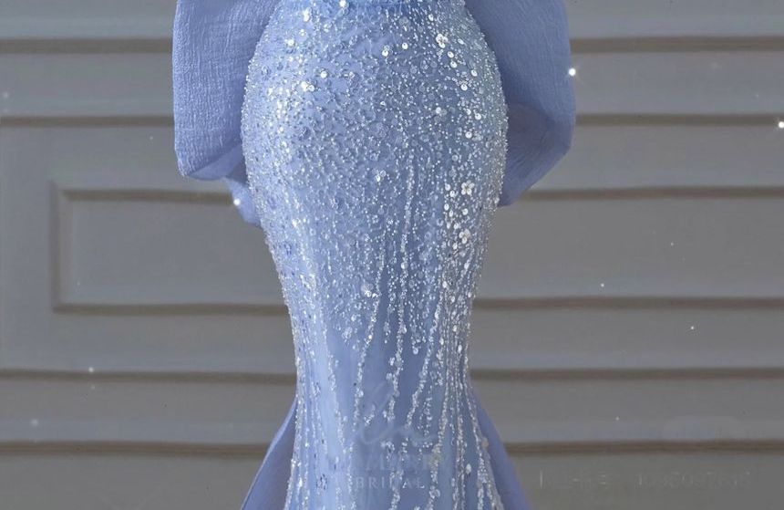 Short-Sleeve Off Shoulder Ribbon Back Sequined Trained Mermaid Evening Gown