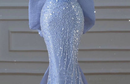 Short-Sleeve Off Shoulder Ribbon Back Sequined Trained Mermaid Evening Gown
