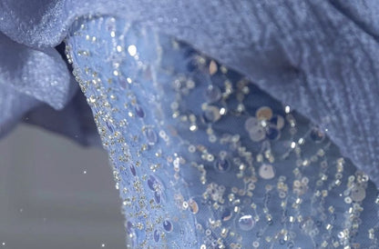 Short-Sleeve Off Shoulder Ribbon Back Sequined Trained Mermaid Evening Gown