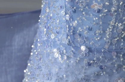 Short-Sleeve Off Shoulder Ribbon Back Sequined Trained Mermaid Evening Gown