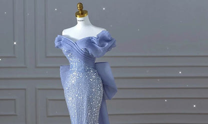 Short-Sleeve Off Shoulder Ribbon Back Sequined Trained Mermaid Evening Gown