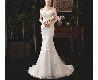 Short-Sleeve Off Shoulder Sequined Floral Lace Trained Mermaid Wedding Gown