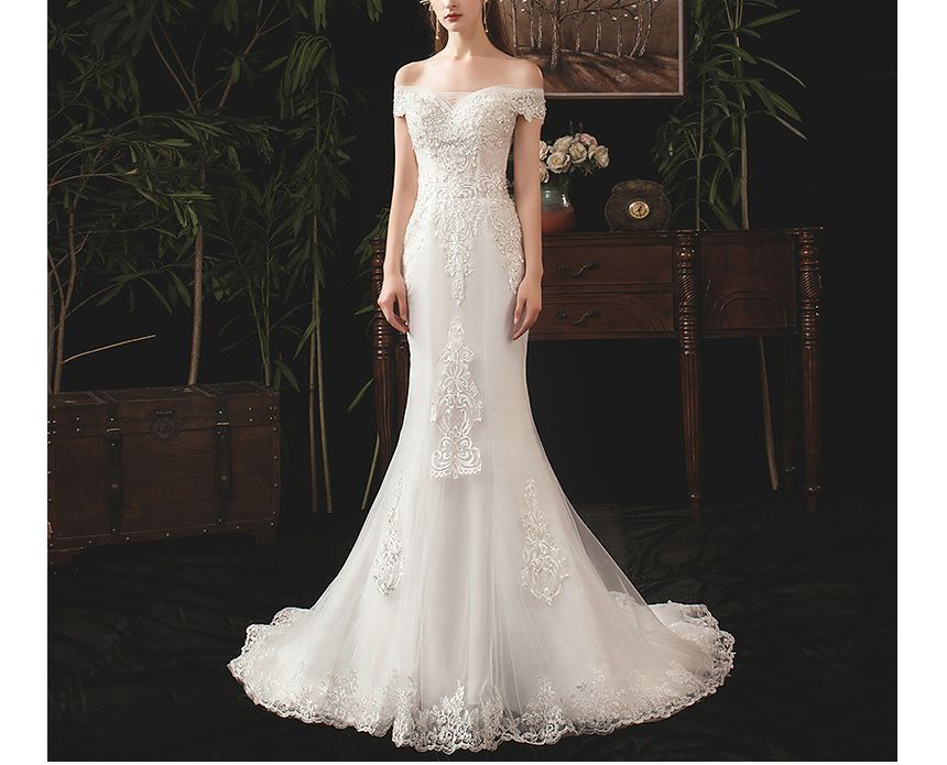 Short-Sleeve Off Shoulder Sequined Floral Lace Trained Mermaid Wedding Gown