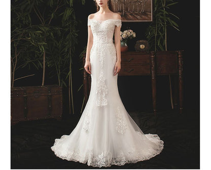 Short-Sleeve Off Shoulder Sequined Floral Lace Trained Mermaid Wedding Gown