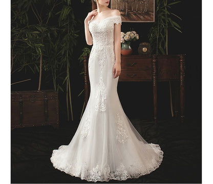 Short-Sleeve Off Shoulder Sequined Floral Lace Trained Mermaid Wedding Gown