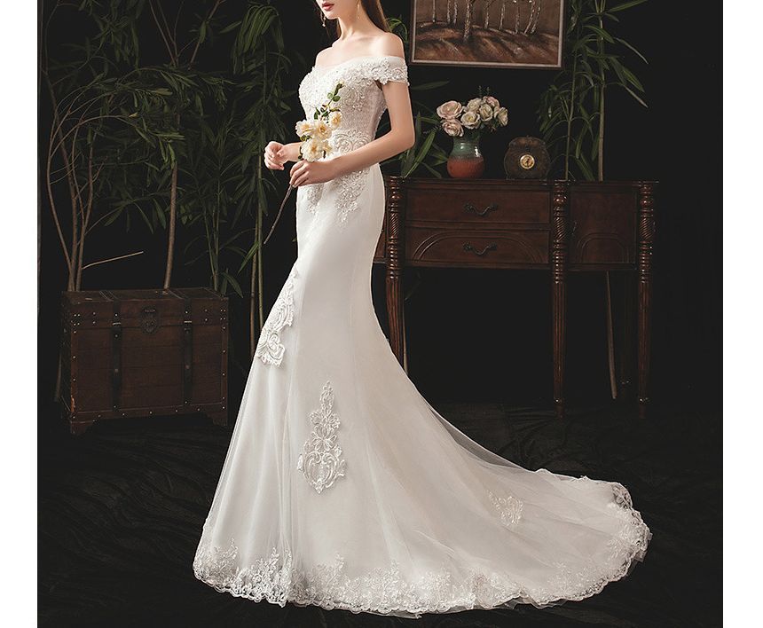 Short-Sleeve Off Shoulder Sequined Floral Lace Trained Mermaid Wedding Gown