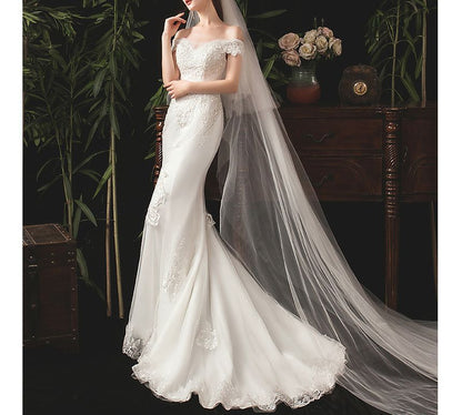 Short-Sleeve Off Shoulder Sequined Floral Lace Trained Mermaid Wedding Gown