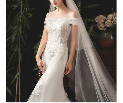 Short-Sleeve Off Shoulder Sequined Floral Lace Trained Mermaid Wedding Gown