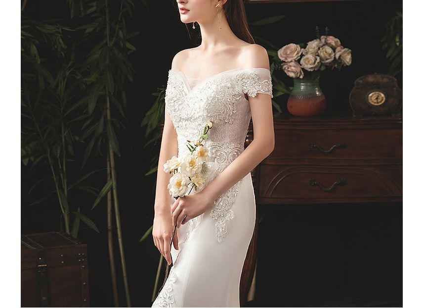 Short-Sleeve Off Shoulder Sequined Floral Lace Trained Mermaid Wedding Gown