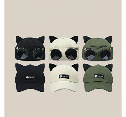 Cat Ear Baseball Cap with Aviator Goggles