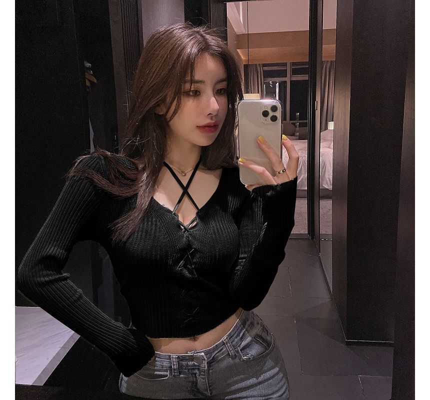 Halter-Neck Ribbed Crop Lace-Up Knit Top