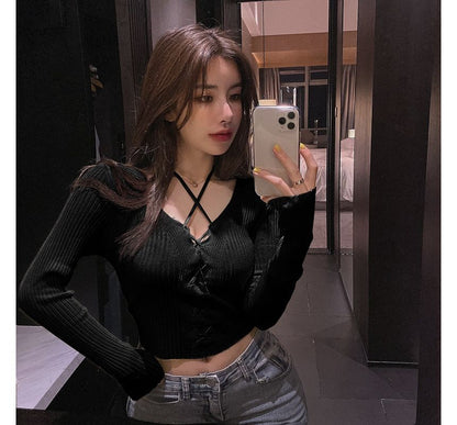 Halter-Neck Ribbed Crop Lace-Up Knit Top