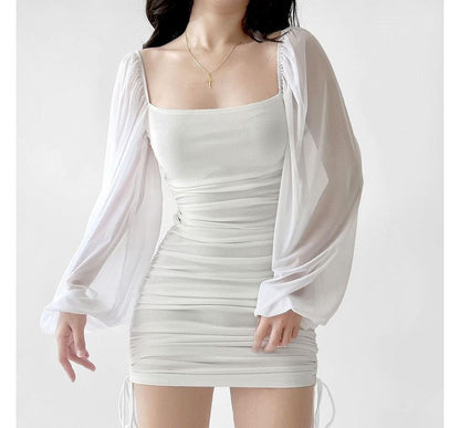 Puff-Sleeve Square Neck Plain Drawstring Mini Sheath Dress