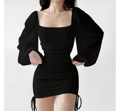 Puff-Sleeve Square Neck Plain Drawstring Mini Sheath Dress