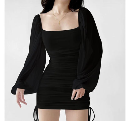 Puff-Sleeve Square Neck Plain Drawstring Mini Sheath Dress