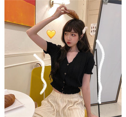 Top Button-Up Perforated Knit Short-Sleeve V-Neck