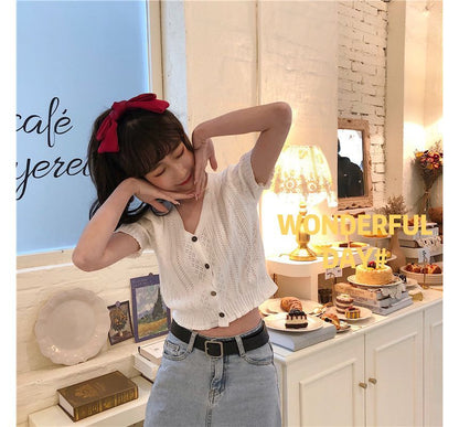 Top Button-Up Perforated Knit Short-Sleeve V-Neck