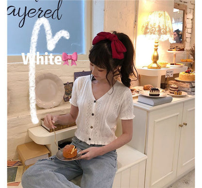 Top Button-Up Perforated Knit Short-Sleeve V-Neck