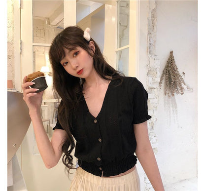 Top Button-Up Perforated Knit Short-Sleeve V-Neck