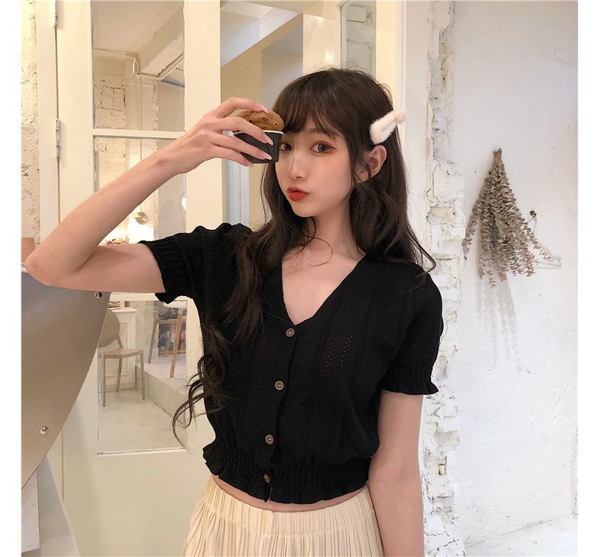 Top Button-Up Perforated Knit Short-Sleeve V-Neck