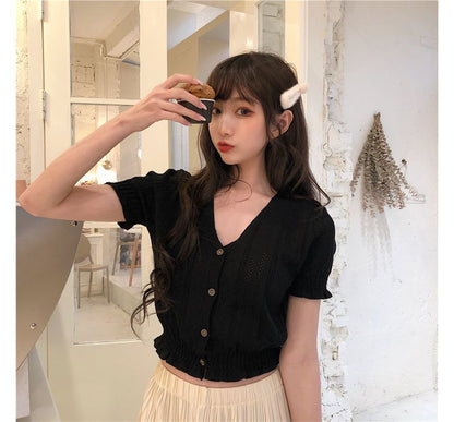 Top Button-Up Perforated Knit Short-Sleeve V-Neck