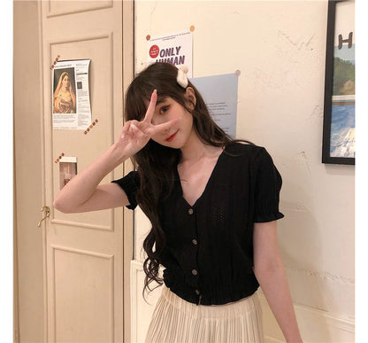 Top Button-Up Perforated Knit Short-Sleeve V-Neck