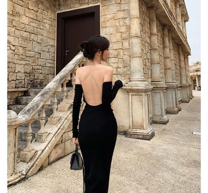 Langärmliges, schulterfreies, schlichtes, rückenfreies Midi-Etuikleid aus Strick