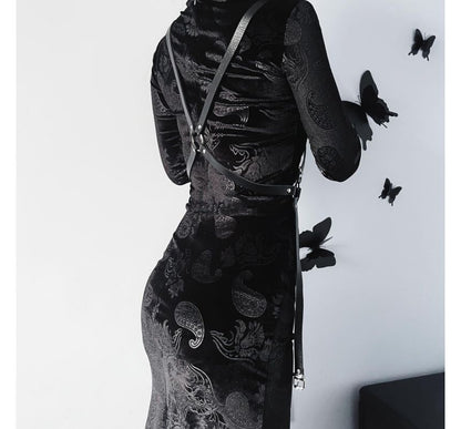 Set: Long-Sleeve Jacquard Velvet Midi Slit Qipao + Buckled Body Harness