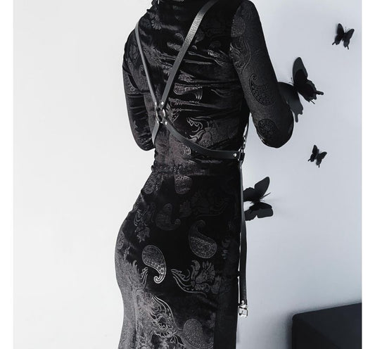 Set: Long-Sleeve Jacquard Velvet Midi Slit Qipao + Buckled Body Harness